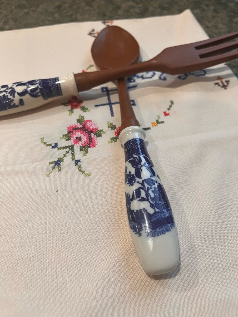 Blue and White Ceramic-Handled Salad Servers